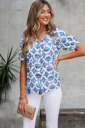 Grace Geometric Tassel Drawstring V Neck Blouse