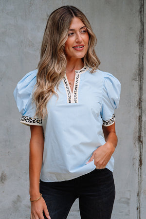 Mila Contrast Leopard Trim Split Neck Puff Sleeve Blouse
